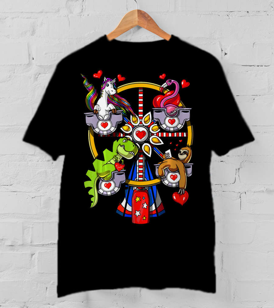 Unicorn Rex Dinosaur Sloth Flamingo Ferris Wheel Love Hearts T-Shirt