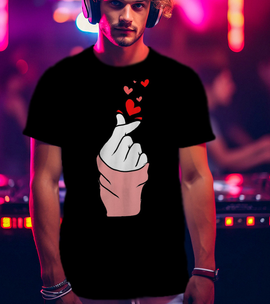 Korean Finger Heart Gesture With Floating Hearts For Valentine's Day T-Shirt