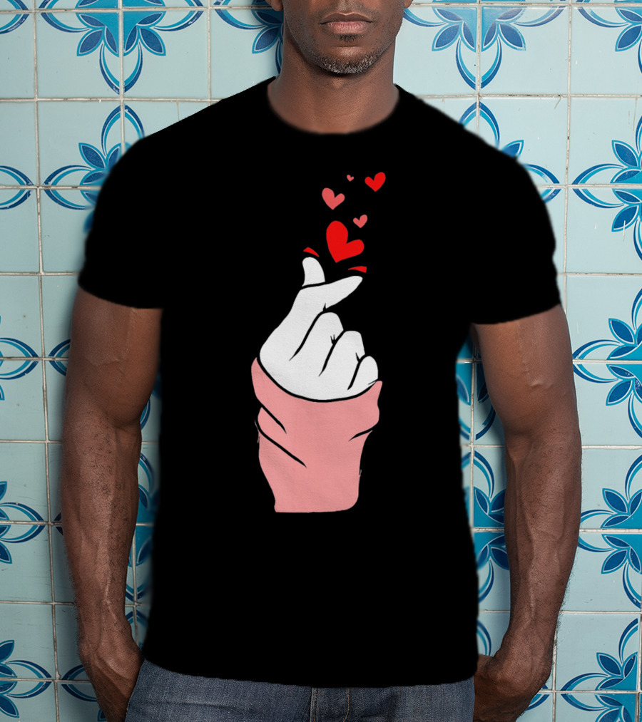 Korean Finger Heart Gesture With Floating Hearts For Valentine's Day T-Shirt
