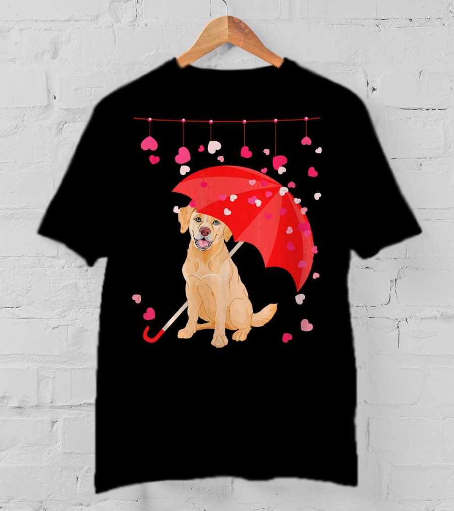 Labrador Retriever Under Umbrella With Falling Hearts Valentine's Day T-Shirt