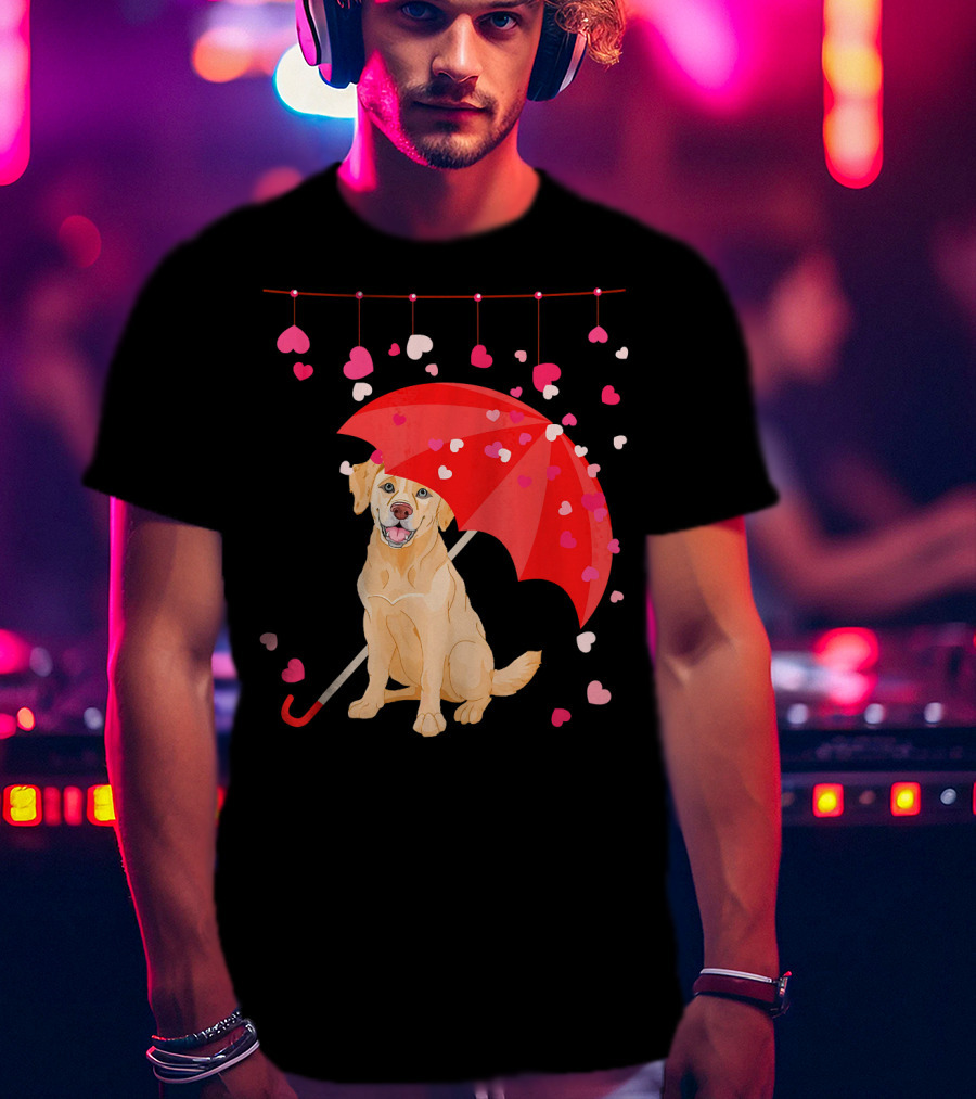 Labrador Retriever Under Umbrella With Falling Hearts Valentine's Day T-Shirt