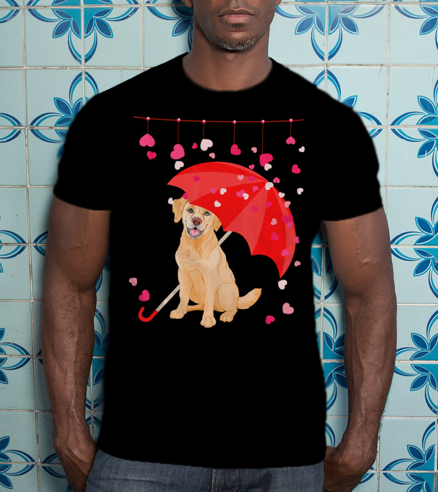 Labrador Retriever Under Umbrella With Falling Hearts Valentine's Day T-Shirt