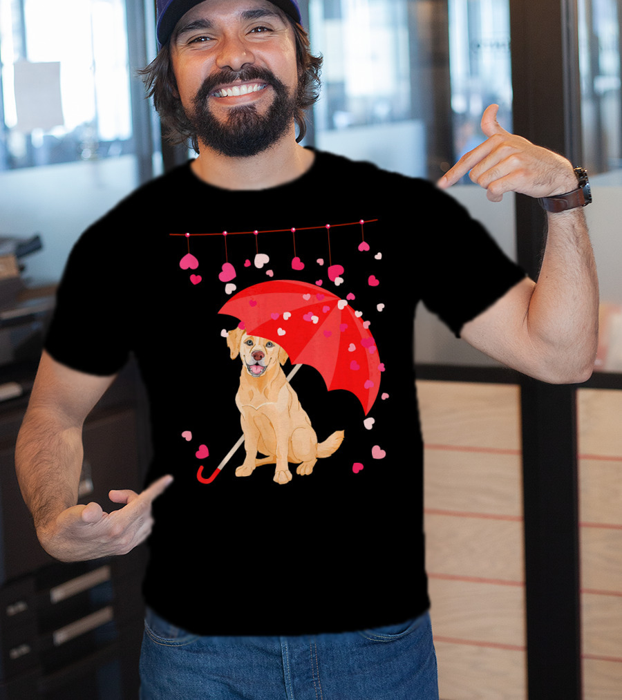 Labrador Retriever Under Umbrella With Falling Hearts Valentine's Day T-Shirt