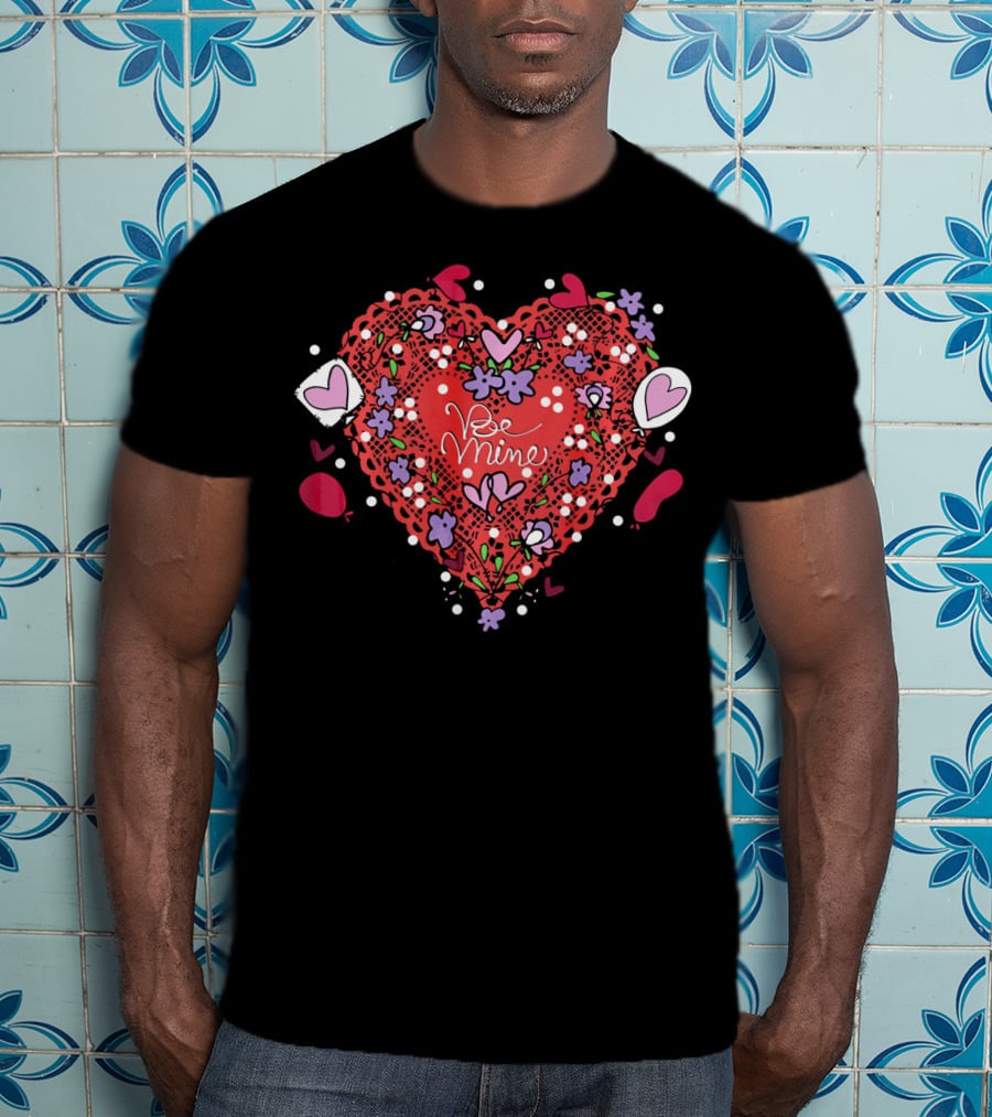 Be Mine Lace Hearts Balloons Flowers T-Shirt