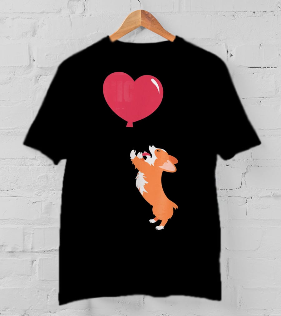 Little Corgi Puppy Dog Reaching For Red Heart Balloon T-Shirt