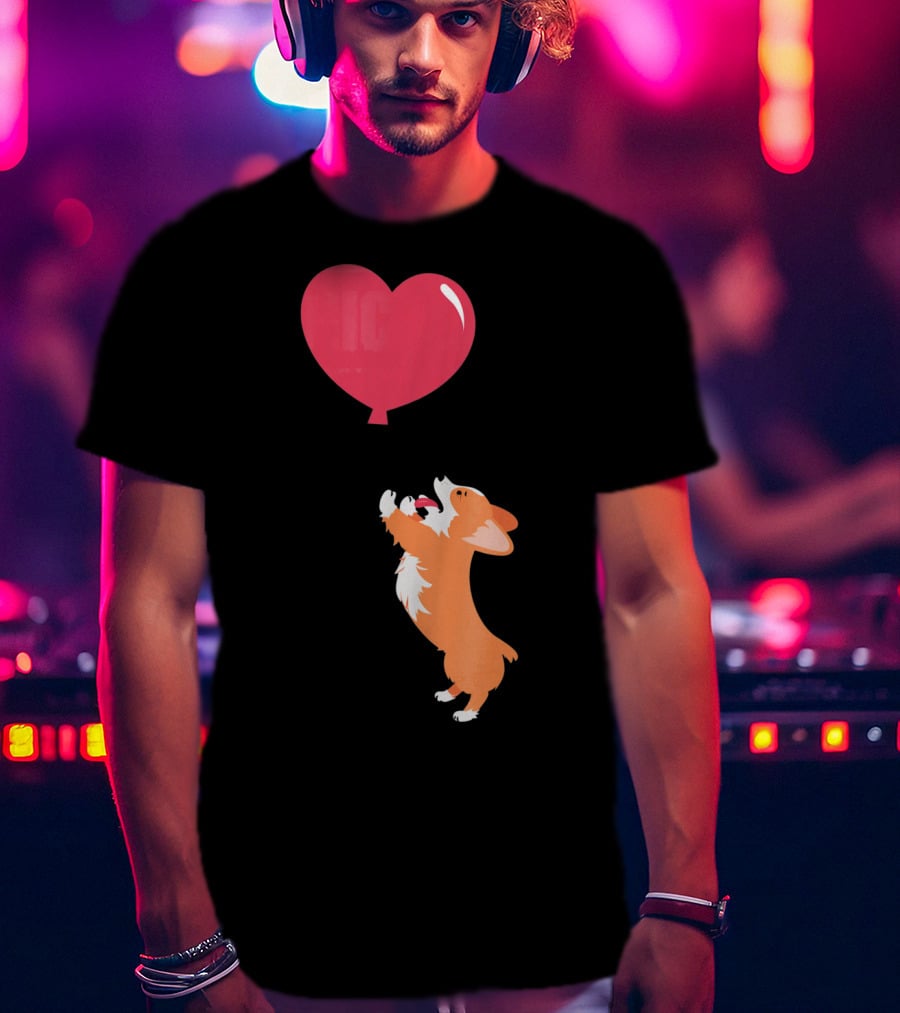 Little Corgi Puppy Dog Reaching For Red Heart Balloon T-Shirt