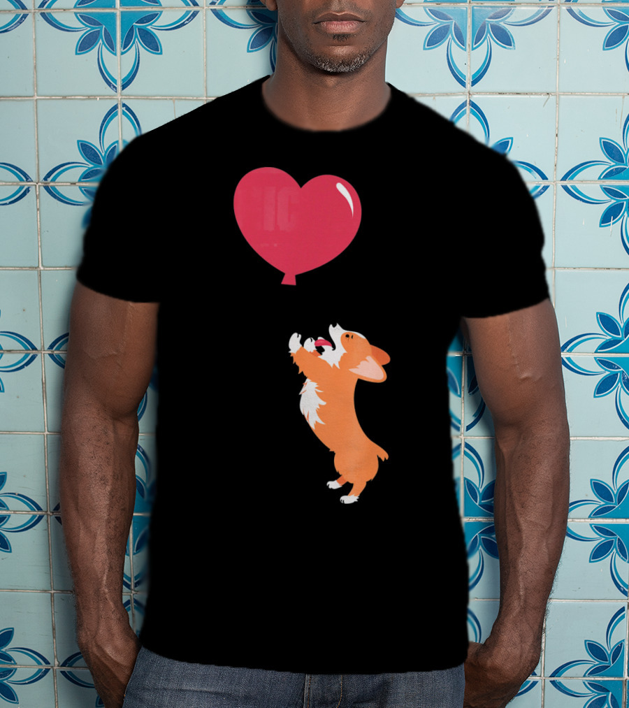 Little Corgi Puppy Dog Reaching For Red Heart Balloon T-Shirt