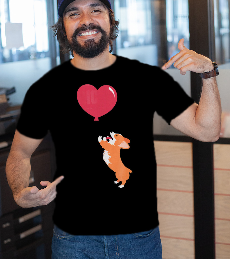 Little Corgi Puppy Dog Reaching For Red Heart Balloon T-Shirt