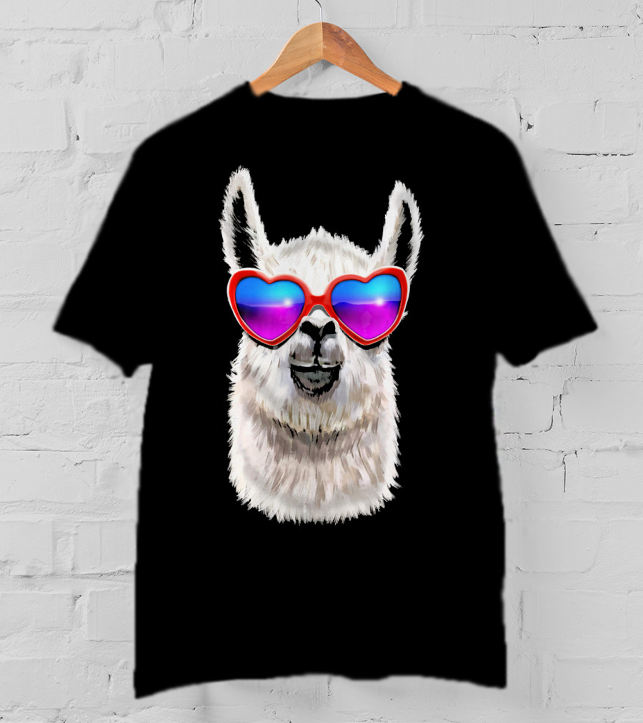 Llama Valentine's Day Heart Sunglasses Fashion T-Shirt