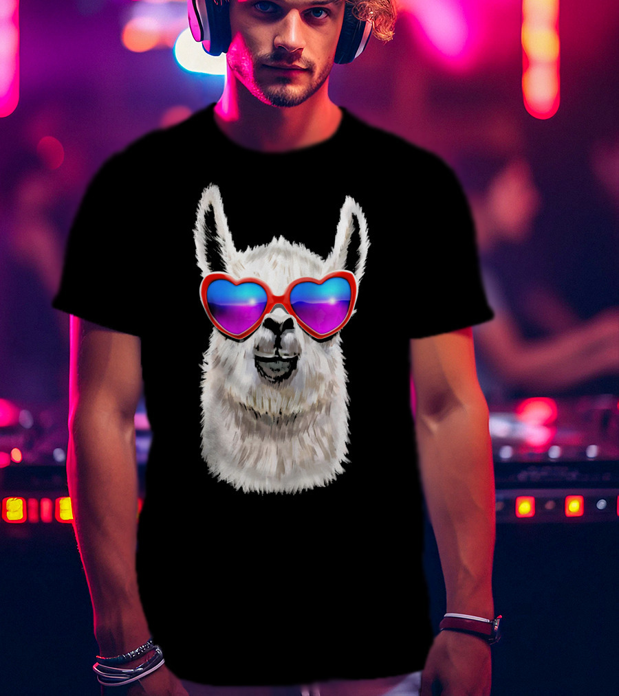 Llama Valentine's Day Heart Sunglasses Fashion T-Shirt