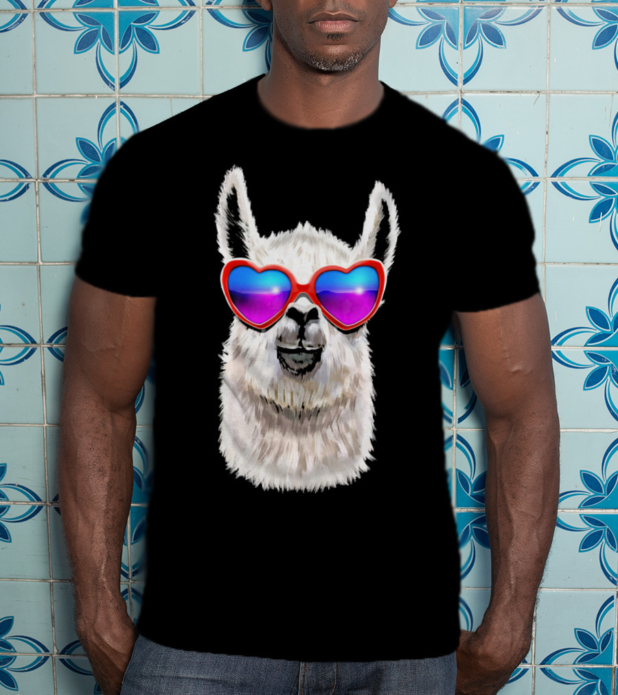Llama Valentine's Day Heart Sunglasses Fashion T-Shirt