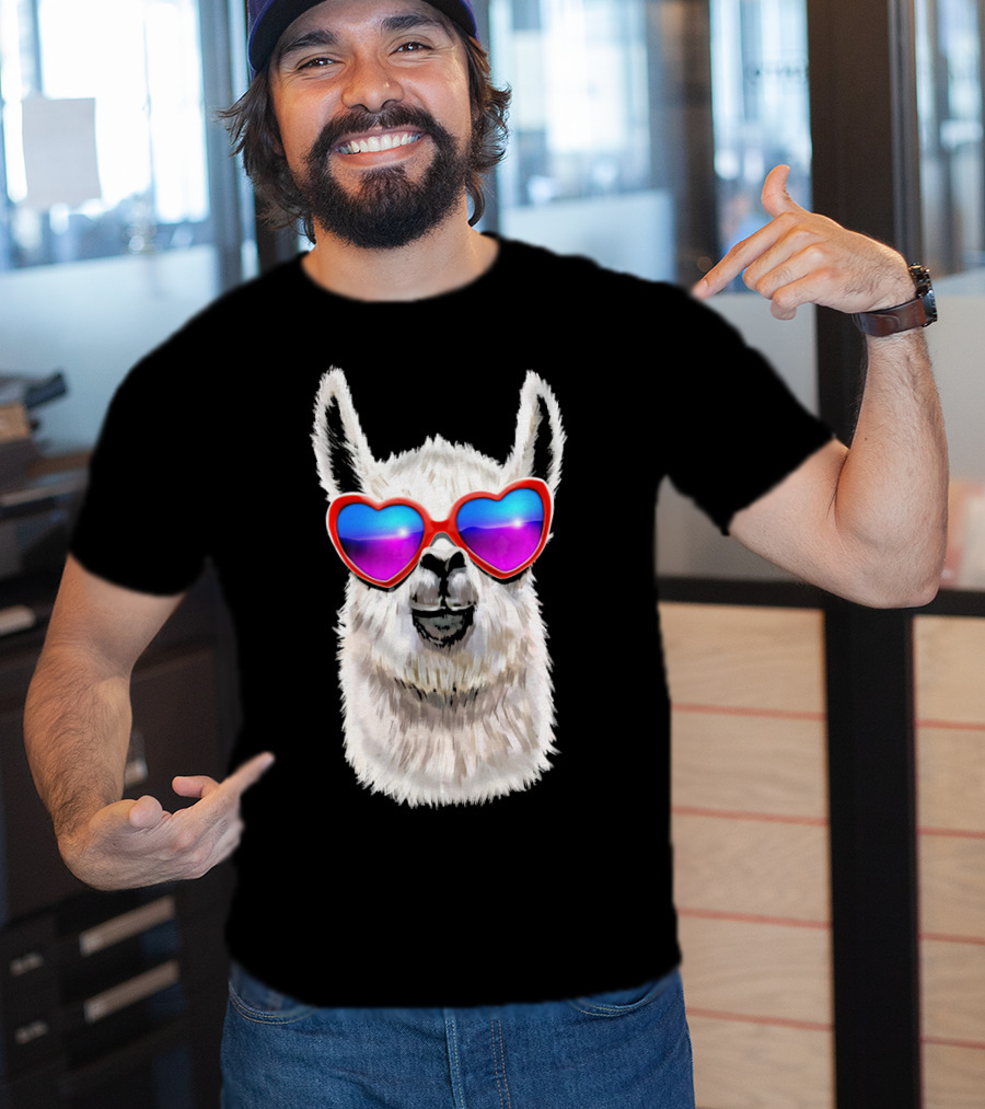 Llama Valentine's Day Heart Sunglasses Fashion T-Shirt