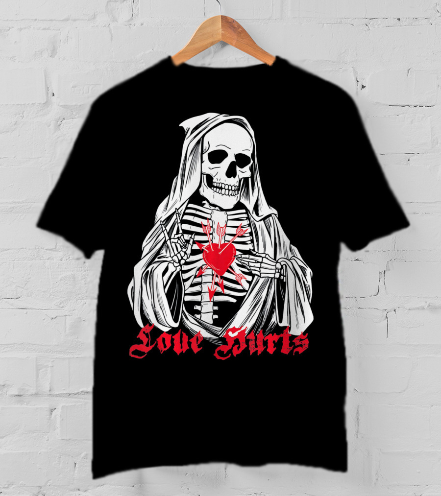 Love Hurts Grim Reaper Skull Heart Arrows Death T-Shirt