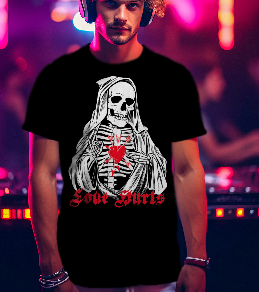 Love Hurts Grim Reaper Skull Heart Arrows Death T-Shirt