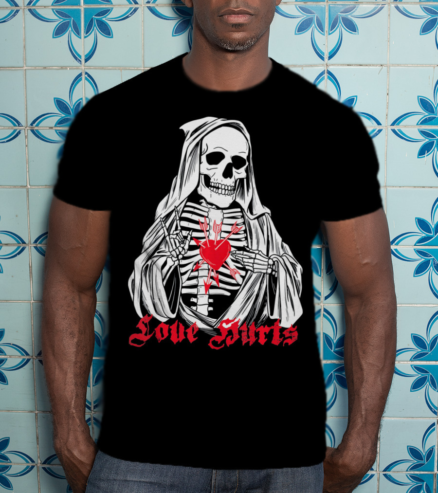 Love Hurts Grim Reaper Skull Heart Arrows Death T-Shirt