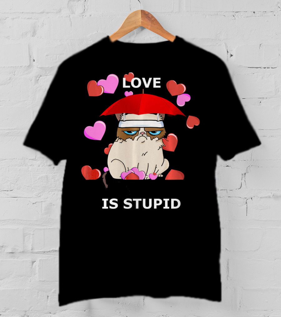Love Is Stupid Valentines Cat With Hearts And Red Umbrella T-Shirt