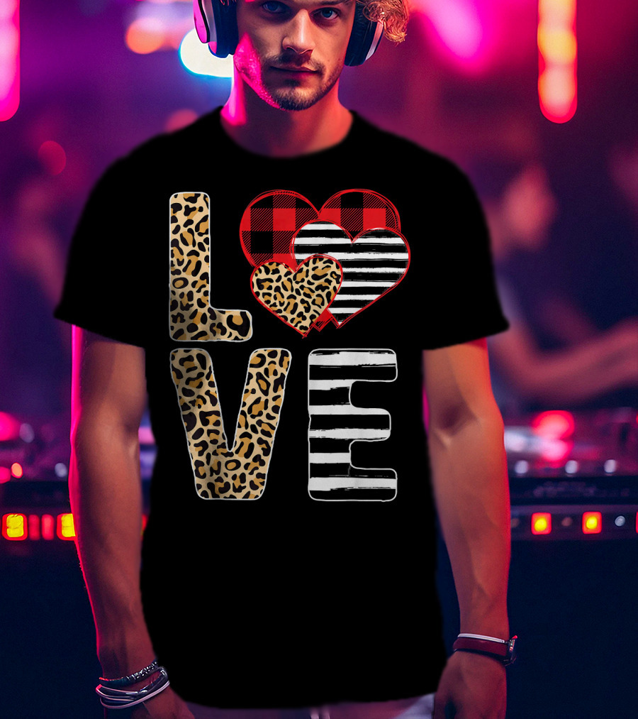 Love Valentines Day Hearts Leopard Buffalo Plaid Stripe T-Shirt