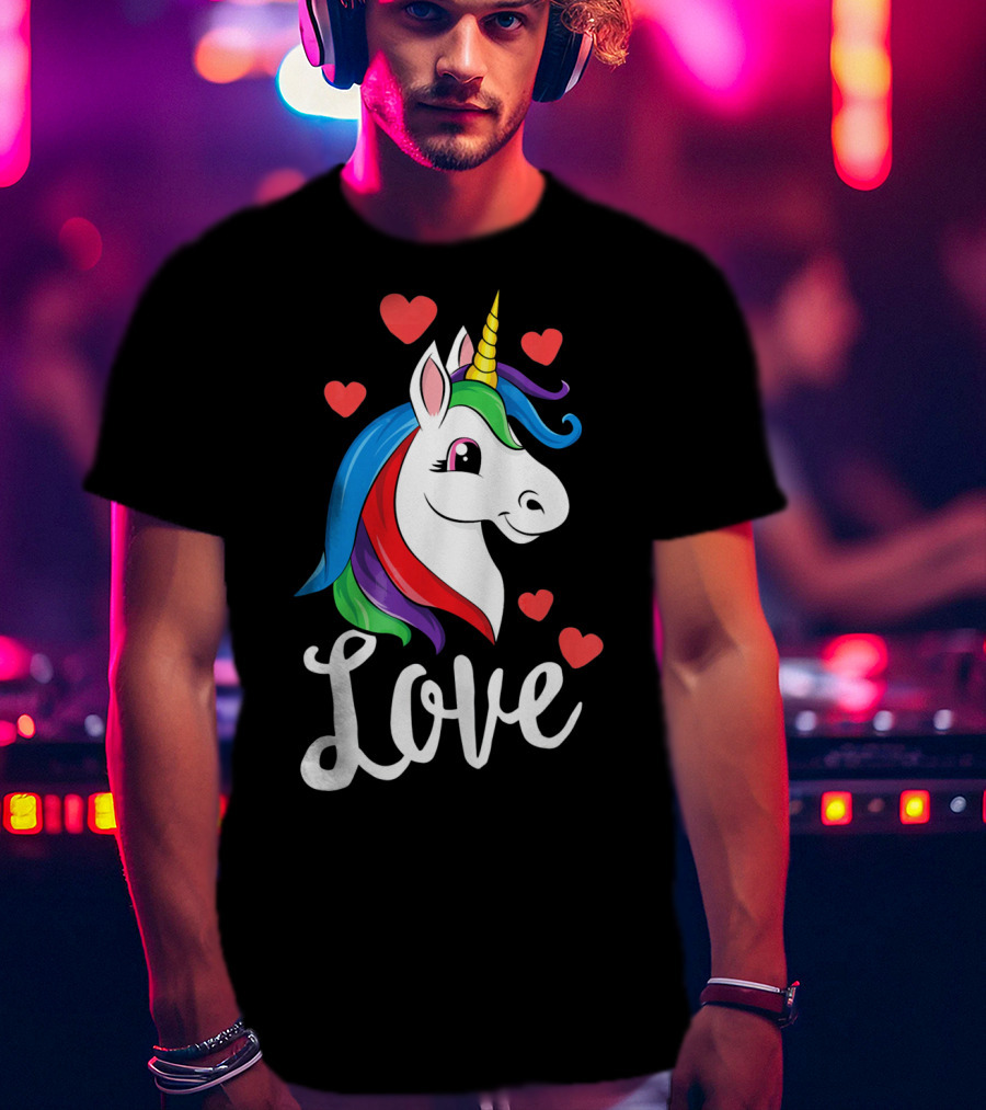 Love Unicorn With Hearts Valentines Day T-Shirt