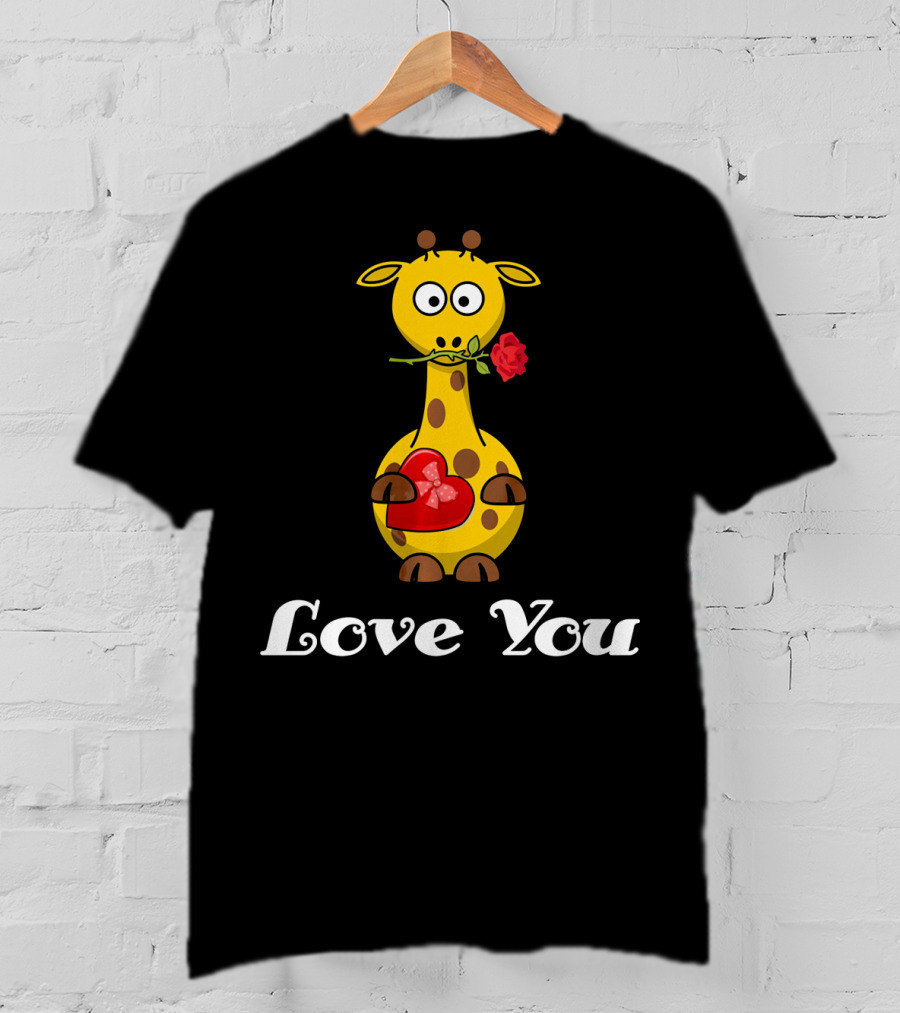 Love You Cute Giraffe Holding Rose And Heart Valentine T-Shirt