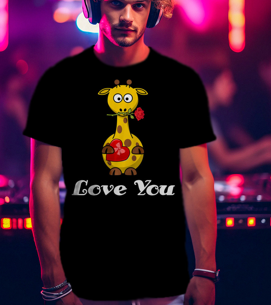 Love You Cute Giraffe Holding Rose And Heart Valentine T-Shirt