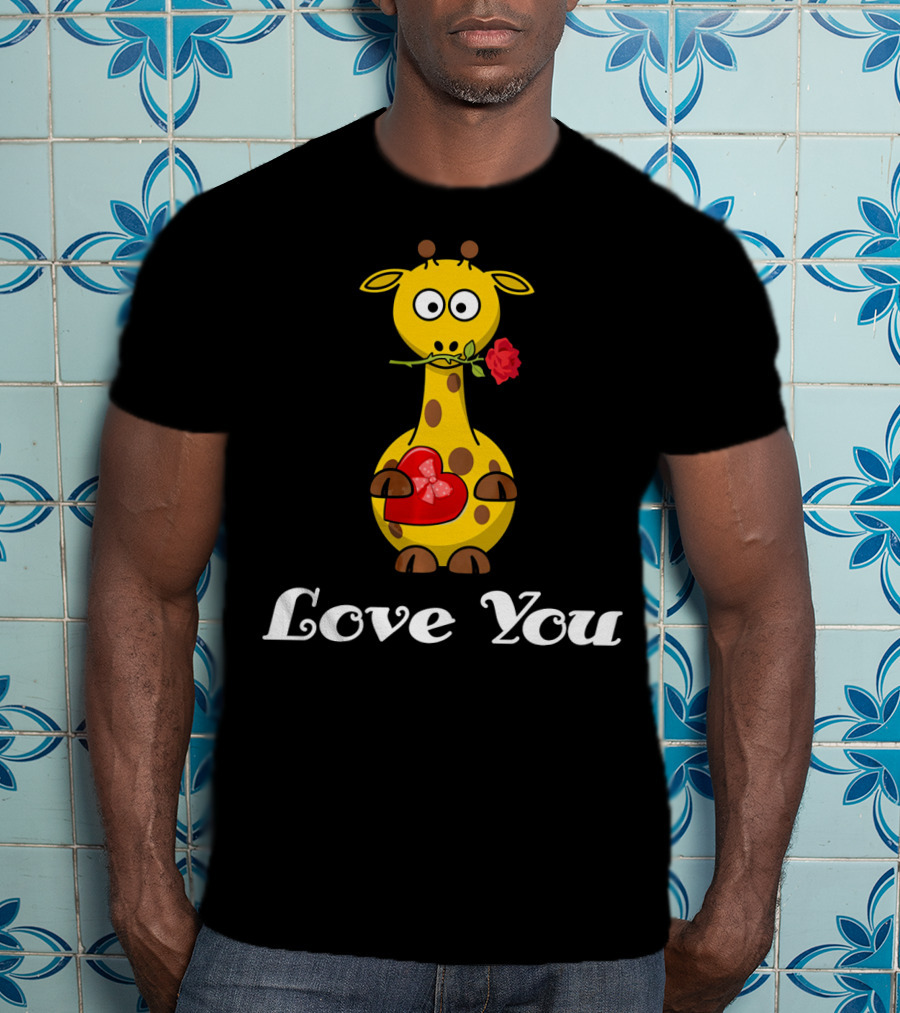 Love You Cute Giraffe Holding Rose And Heart Valentine T-Shirt
