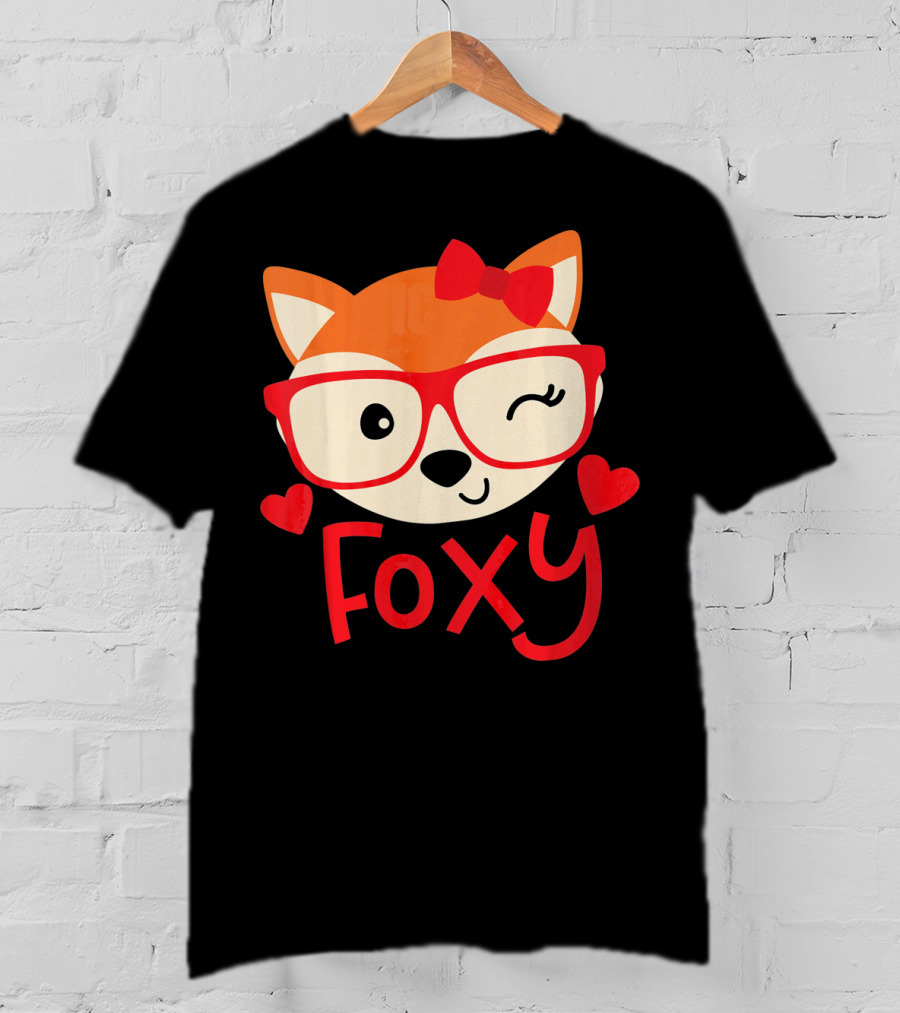 Foxy Cute Winking Fox With Glasses And Bow Valentine Hearts T-Shirt