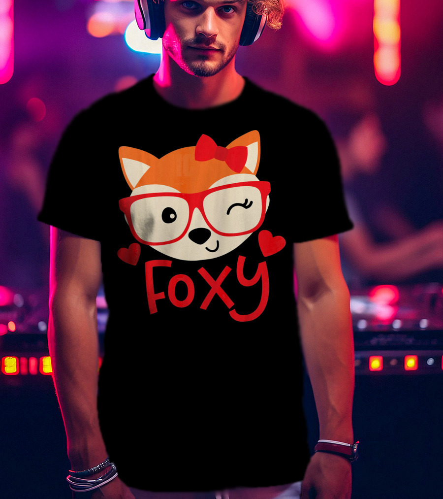 Foxy Cute Winking Fox With Glasses And Bow Valentine Hearts T-Shirt