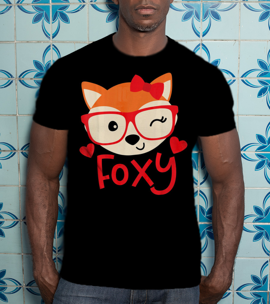Foxy Cute Winking Fox With Glasses And Bow Valentine Hearts T-Shirt