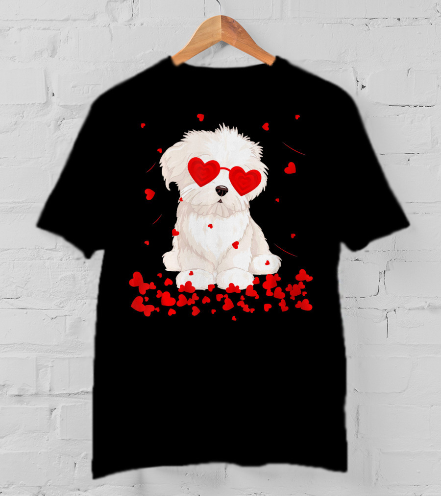 Maltese Dog With Heart Glasses Surrounded By Valentine Hearts T-Shirt