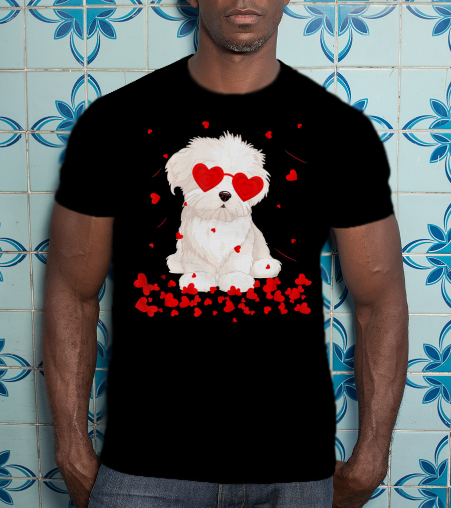 Maltese Dog With Heart Glasses Surrounded By Valentine Hearts T-Shirt