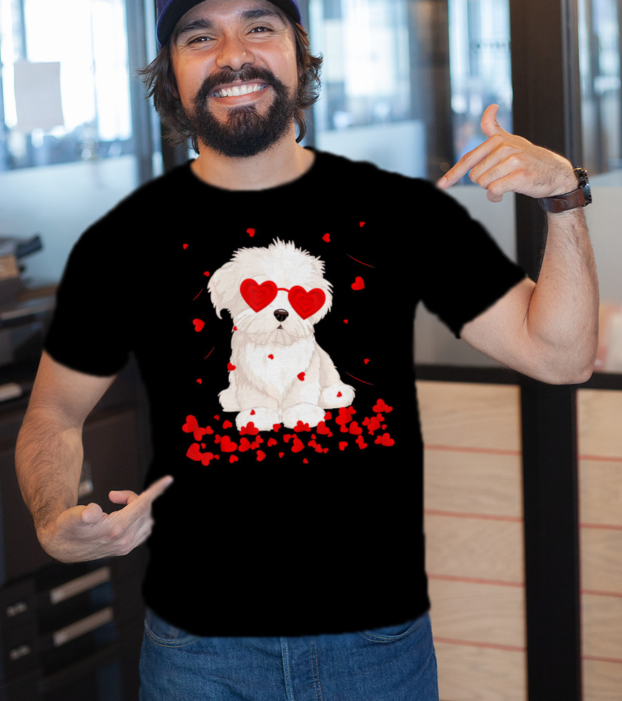 Maltese Dog With Heart Glasses Surrounded By Valentine Hearts T-Shirt