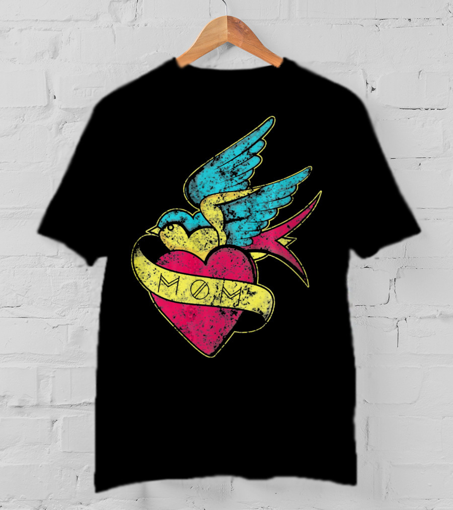 Mom Heart With Blue Bird Vintage Tattoo Valentines T-Shirt