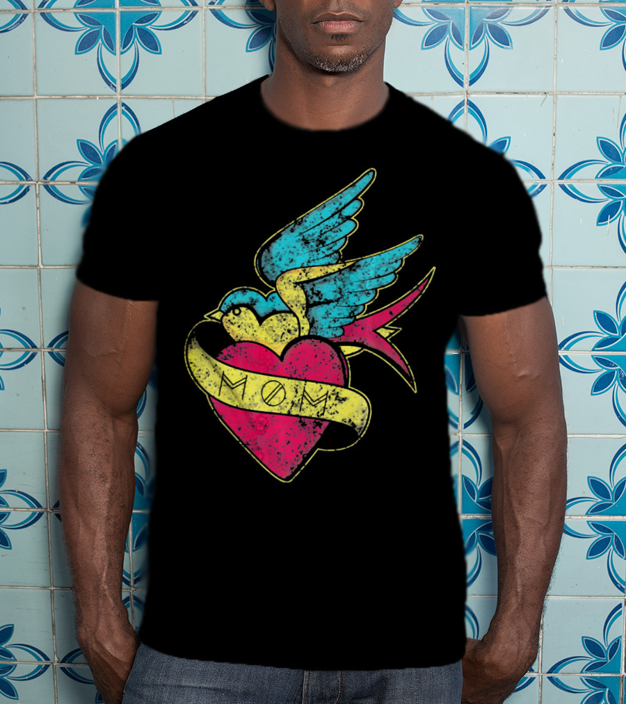 Mom Heart With Blue Bird Vintage Tattoo Valentines T-Shirt