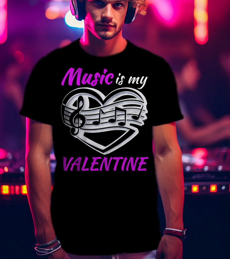 Music Is My Valentine Heart With Treble Clef And Notes T-Shirt