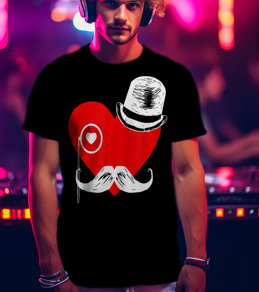Heart Mustache Monocle Top Hat Valentines Day T-Shirt