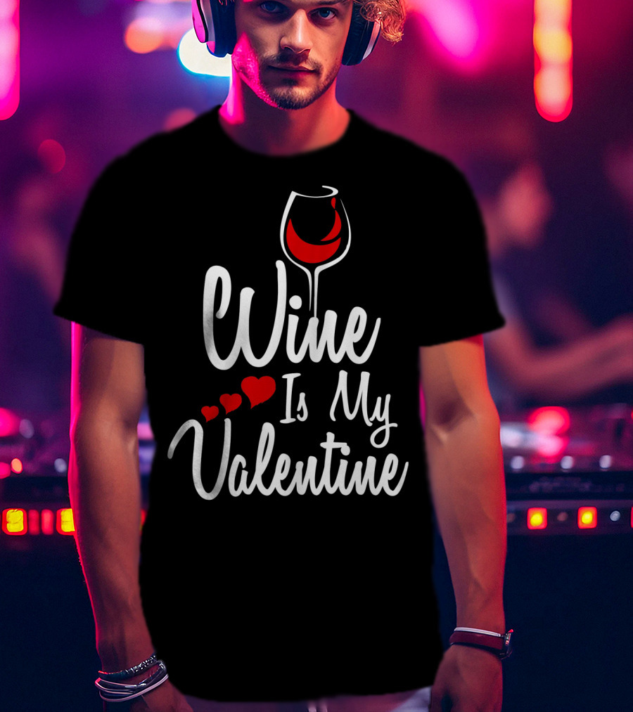 Wine Is My Valentine With Heart And Wine Glass T-Shirt