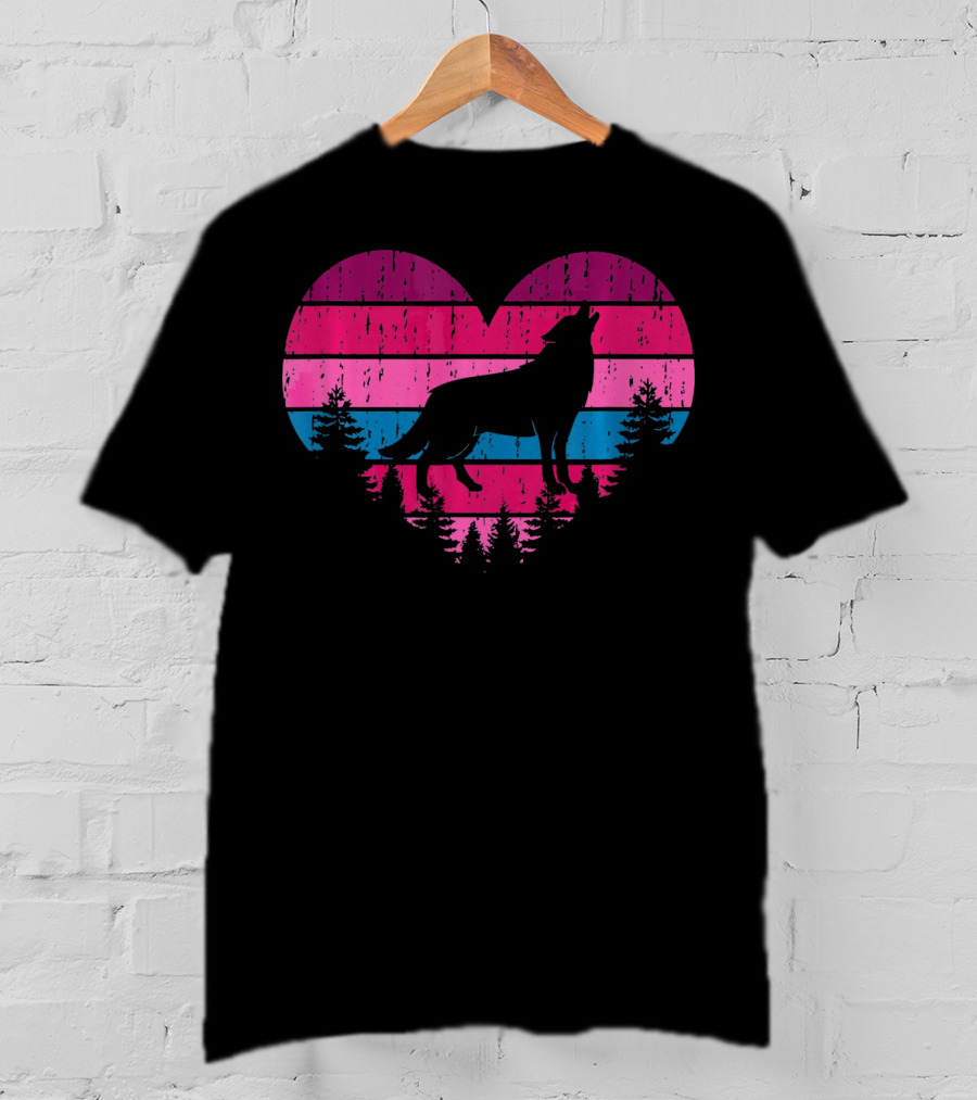 Wolf Girl Valentines Day Heart Silhouette With Howling Wolf And Forest Horizon T-Shirt