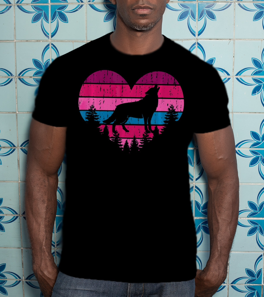 Wolf Girl Valentines Day Heart Silhouette With Howling Wolf And Forest Horizon T-Shirt
