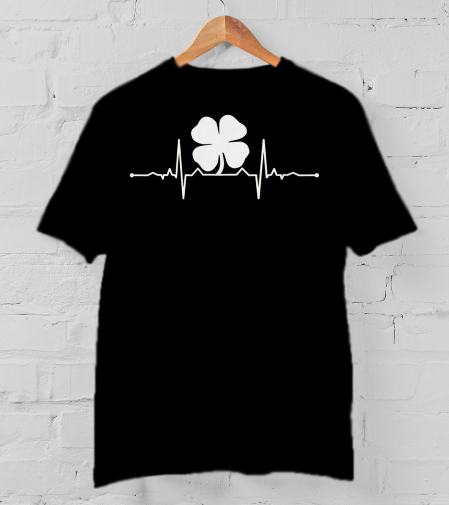 Heartbeat Irish Four Leaf Clover Pulsing EKG Shamrock T-Shirt