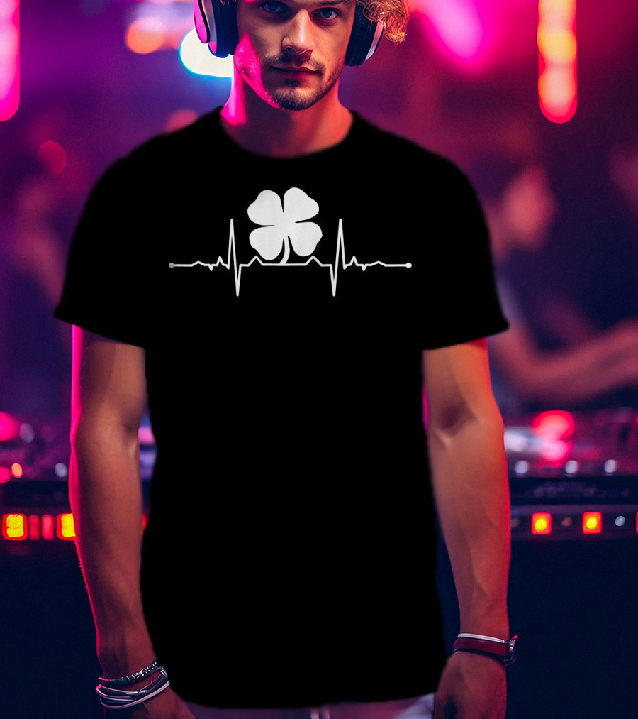 Heartbeat Irish Four Leaf Clover Pulsing EKG Shamrock T-Shirt