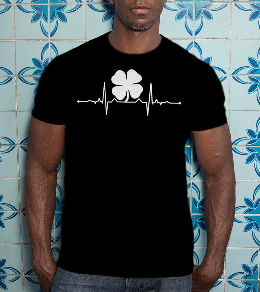 Heartbeat Irish Four Leaf Clover Pulsing EKG Shamrock T-Shirt