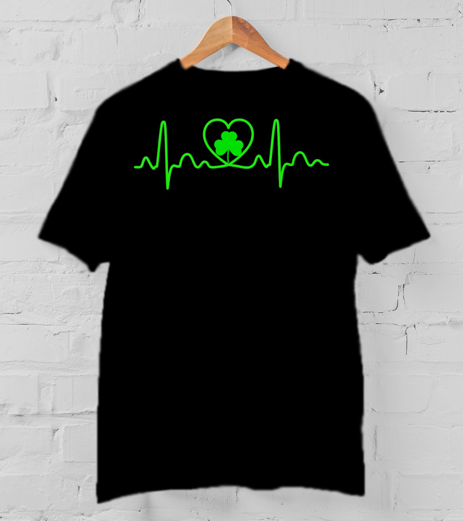 Shamrock Heartbeat Irish Symbol In Green Heart Line T-Shirt