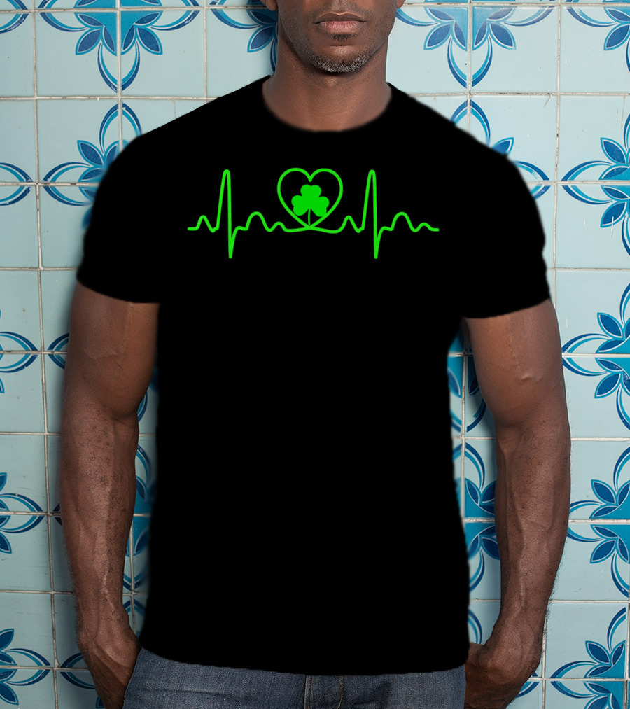 Shamrock Heartbeat Irish Symbol In Green Heart Line T-Shirt