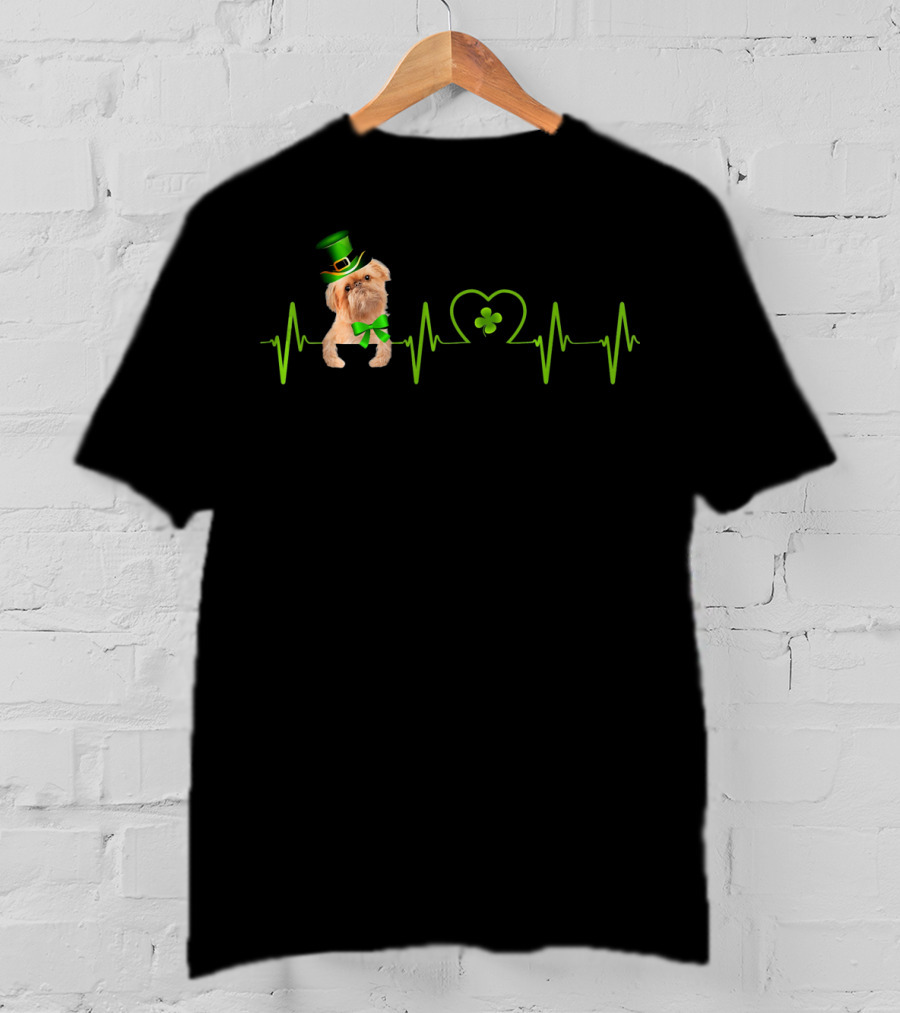 Brussels Griffon Heartbeat With St Patrick's Shamrock And Green Hat T-Shirt