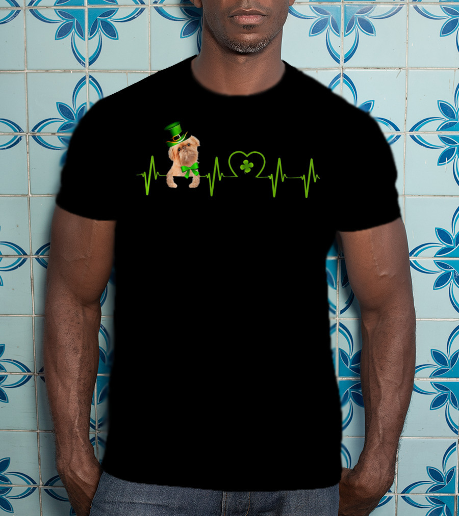 Brussels Griffon Heartbeat With St Patrick's Shamrock And Green Hat T-Shirt