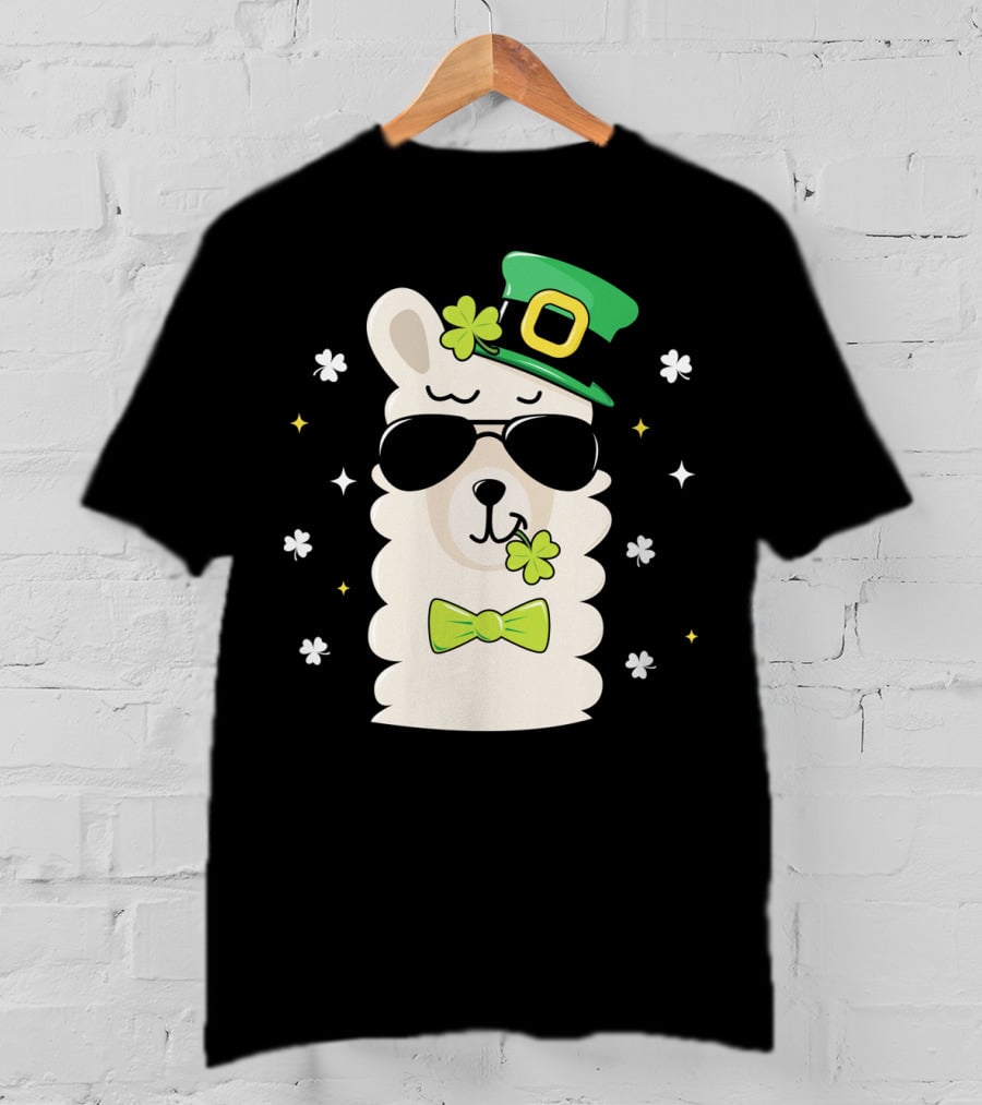 Llama Leprechaun Kids St Patricks Day Clover Hat Sunglasses Bow Tie T-Shirt