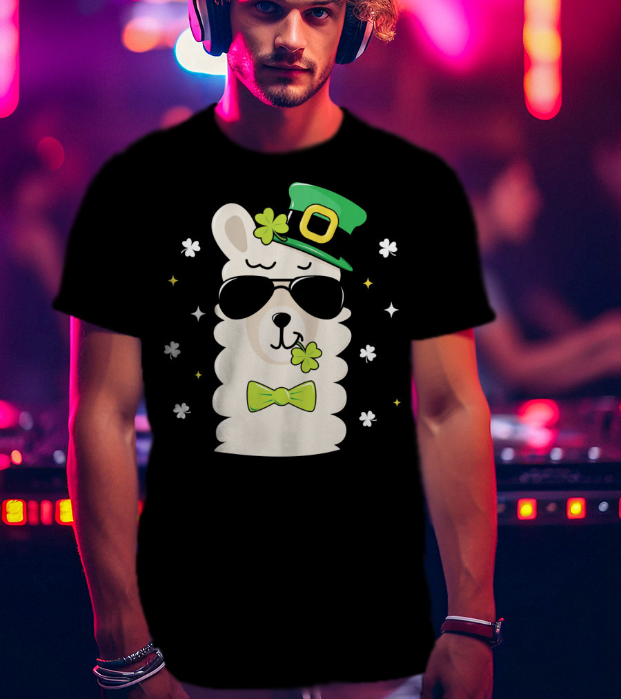 Llama Leprechaun Kids St Patricks Day Clover Hat Sunglasses Bow Tie T-Shirt