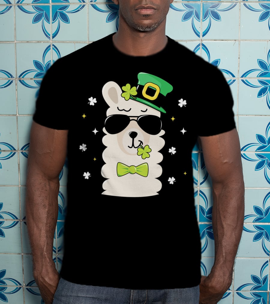 Llama Leprechaun Kids St Patricks Day Clover Hat Sunglasses Bow Tie T-Shirt