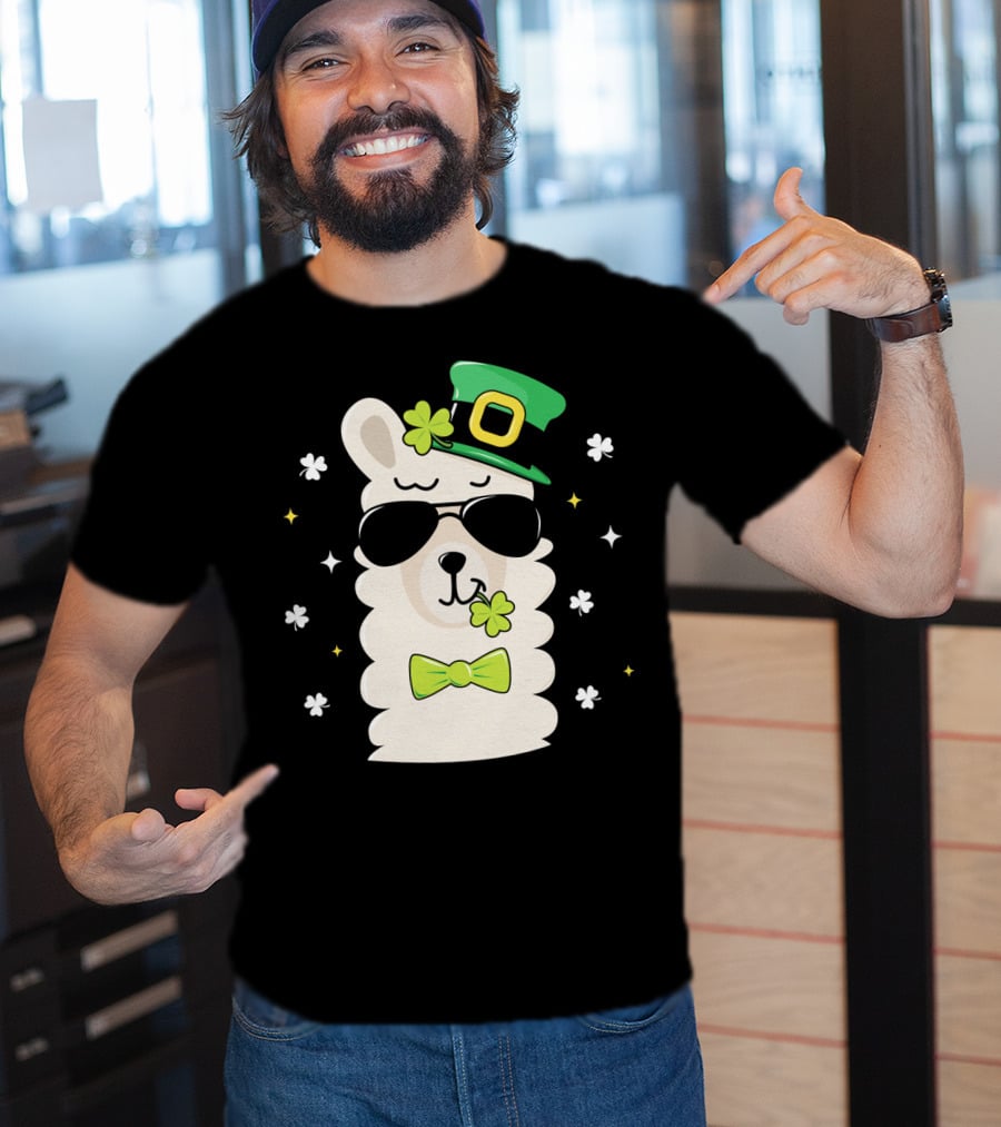 Llama Leprechaun Kids St Patricks Day Clover Hat Sunglasses Bow Tie T-Shirt