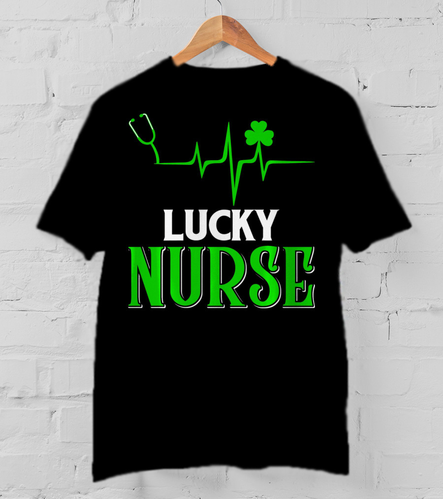 LUCKY NURSE Stethoscope Shamrock Heartbeat T-Shirt